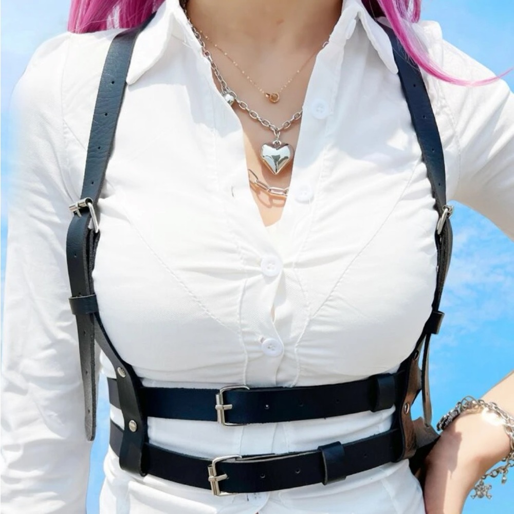 PU Leather Double Square Buckle Harness Belt